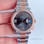 Swiss Replica Rolex Datejust 36 Two Tone Rose Gold Grey Dial Diamond Watch